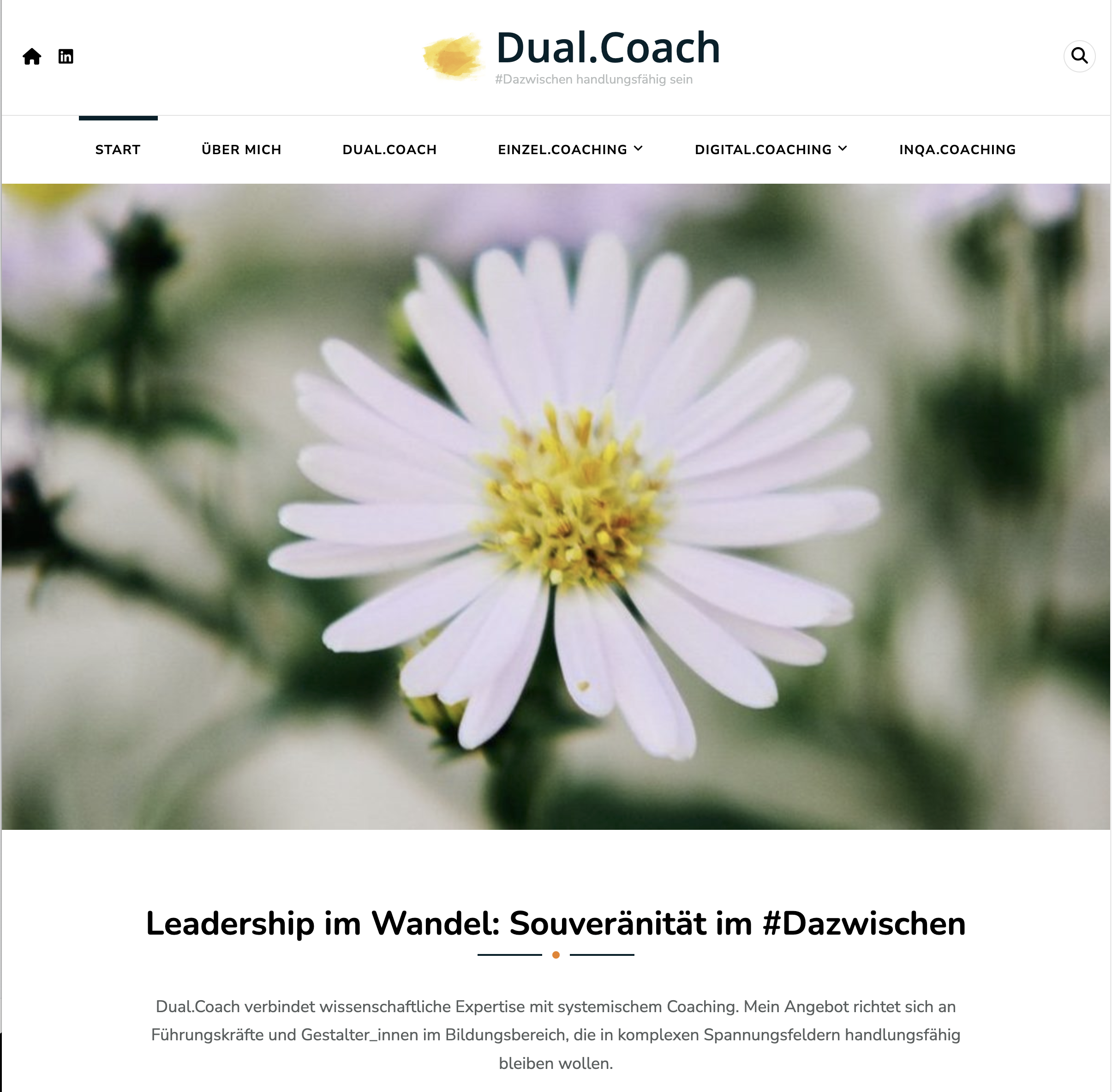 Bildschirmfoto 2026-03-16 um 09.39.12 Screenshot der Dual.Coach-Website, die Dienstleistungen im Bereich digitales Coaching präsentiert, hervorgehoben durch einen ruhigen Wasserhintergrund.